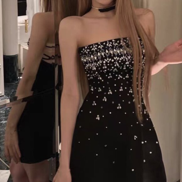 Black Beaded Mini Dress Sparkle Strappy Rhinestone A-Line - Picture 1 of 5
